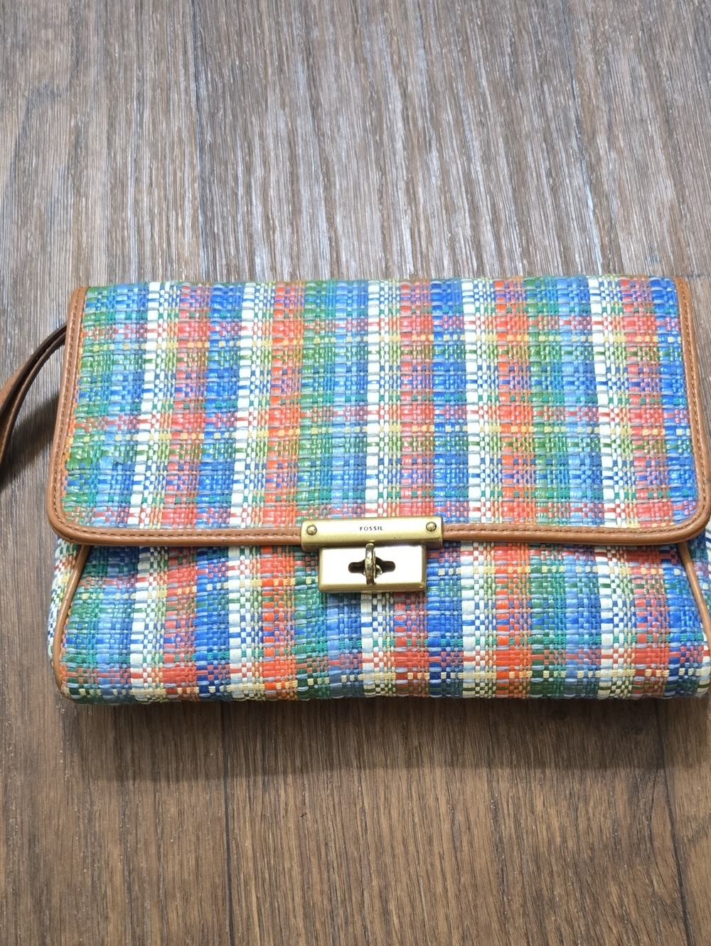 Fossil Multicolor Plaid Woven Wristlet with Tan Leather Trim
